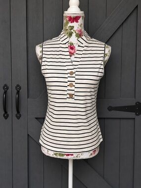 NWT Cupshe Ribbed Striped Sleeveless Polo Tank Top White Navy Size Small M373